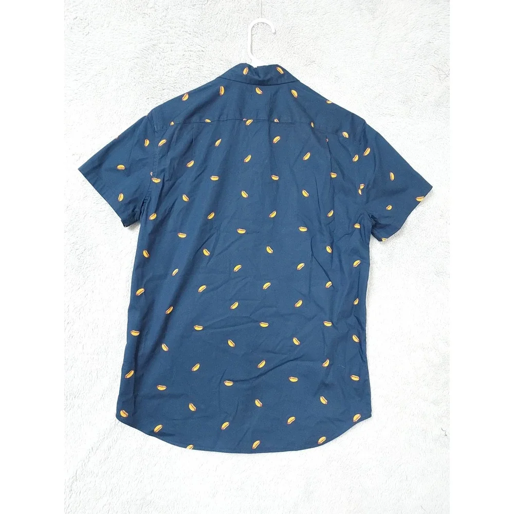 J Crew Shirt Mens Small Slim Flex Washed Hot Dog Print Short Sleeve Blue Novelty